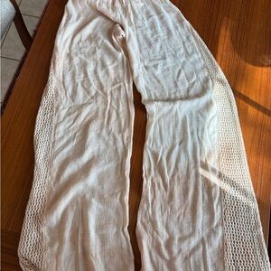 Sheer Cream Wide-Leg Pants with Crochet Detail for beach